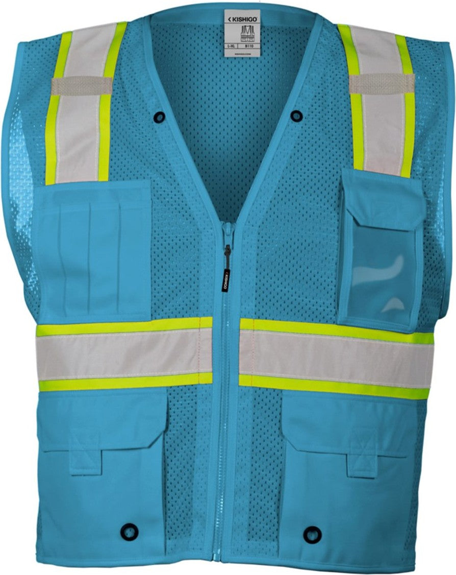 Front View of Electric Blue/ Lime - B110 EV Series® Enhanced Visibility Multi-Pocket Mesh Vest - B100-111