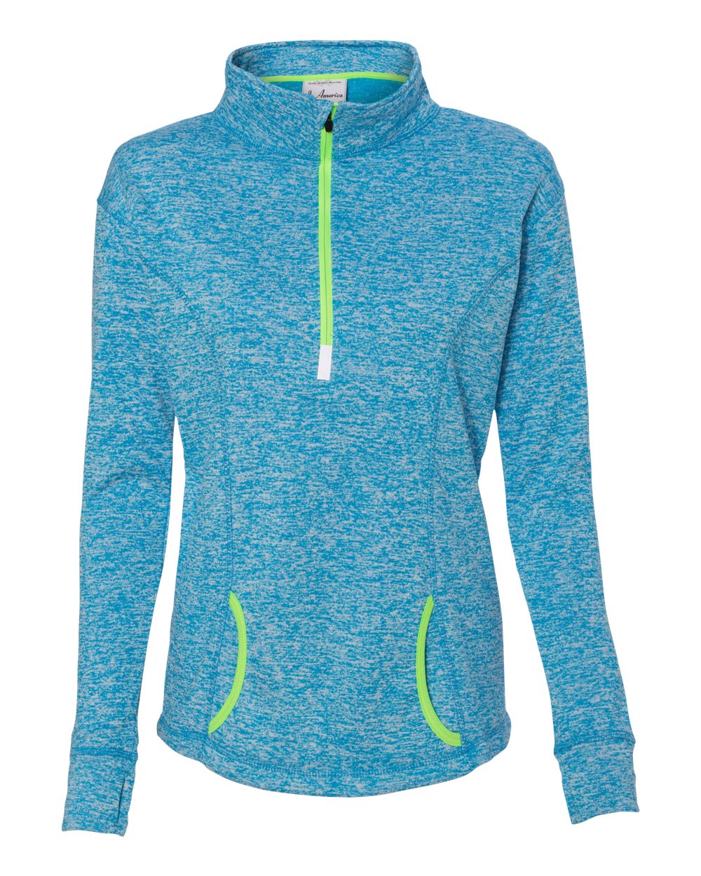 Front View of Electric Blue/ Neon Green Women's Cosmic Fleece Quarter-Zip Pullover - 8617
