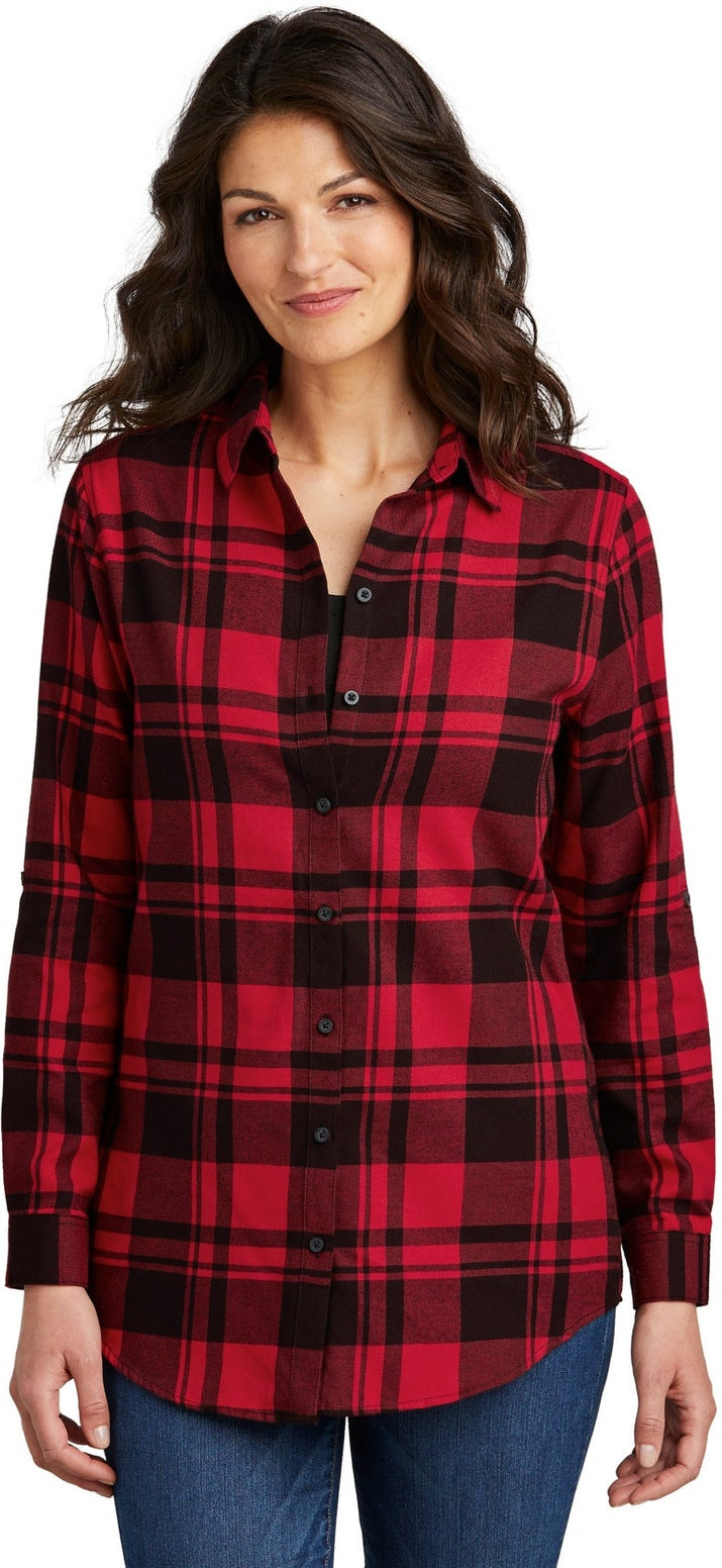 Front View of Engine Red/Blk Port Authority Women's Plaid Flannel Tunic . LW668