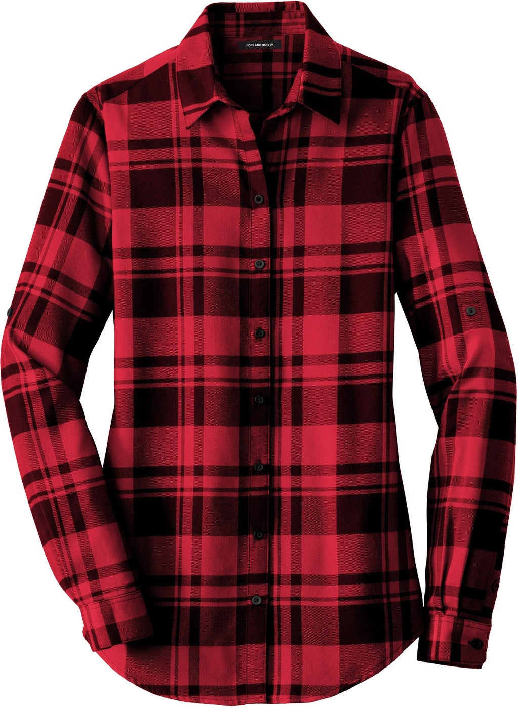 Front View of Engine Red/Blk Port Authority Women's Plaid Flannel Tunic . LW668