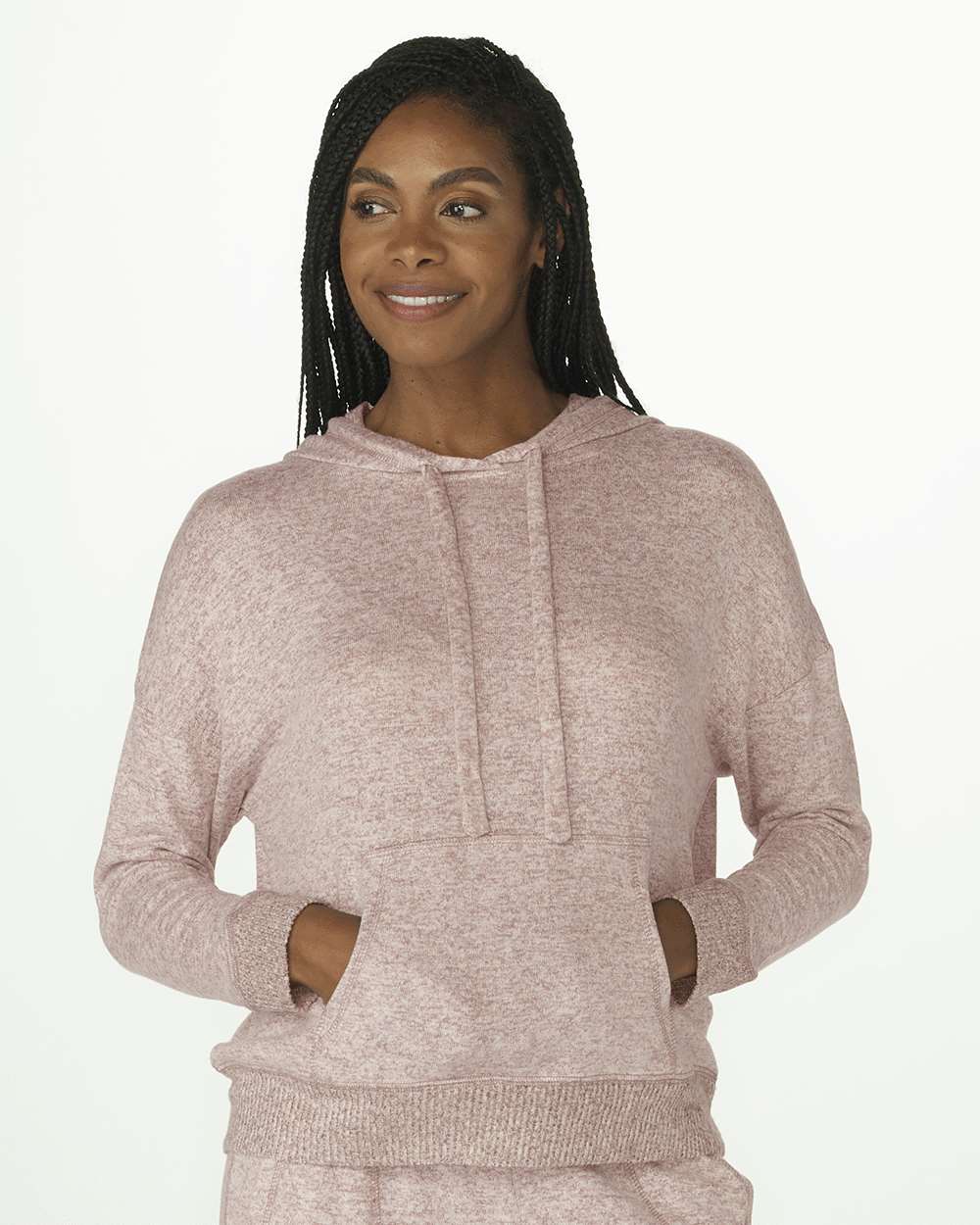 Front View of Espresso Heather Women's Cuddle Fleece Hooded Pullover - BW1501