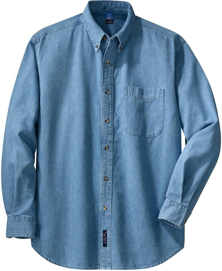 Front View of Faded Blue Port & Co Long Sleeve Value Denim Shirt. SP10