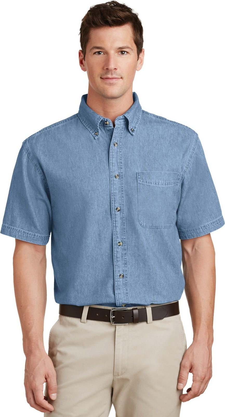 Front View of Faded Blue Port & Co Short Sleeve Value Denim Shirt. SP11