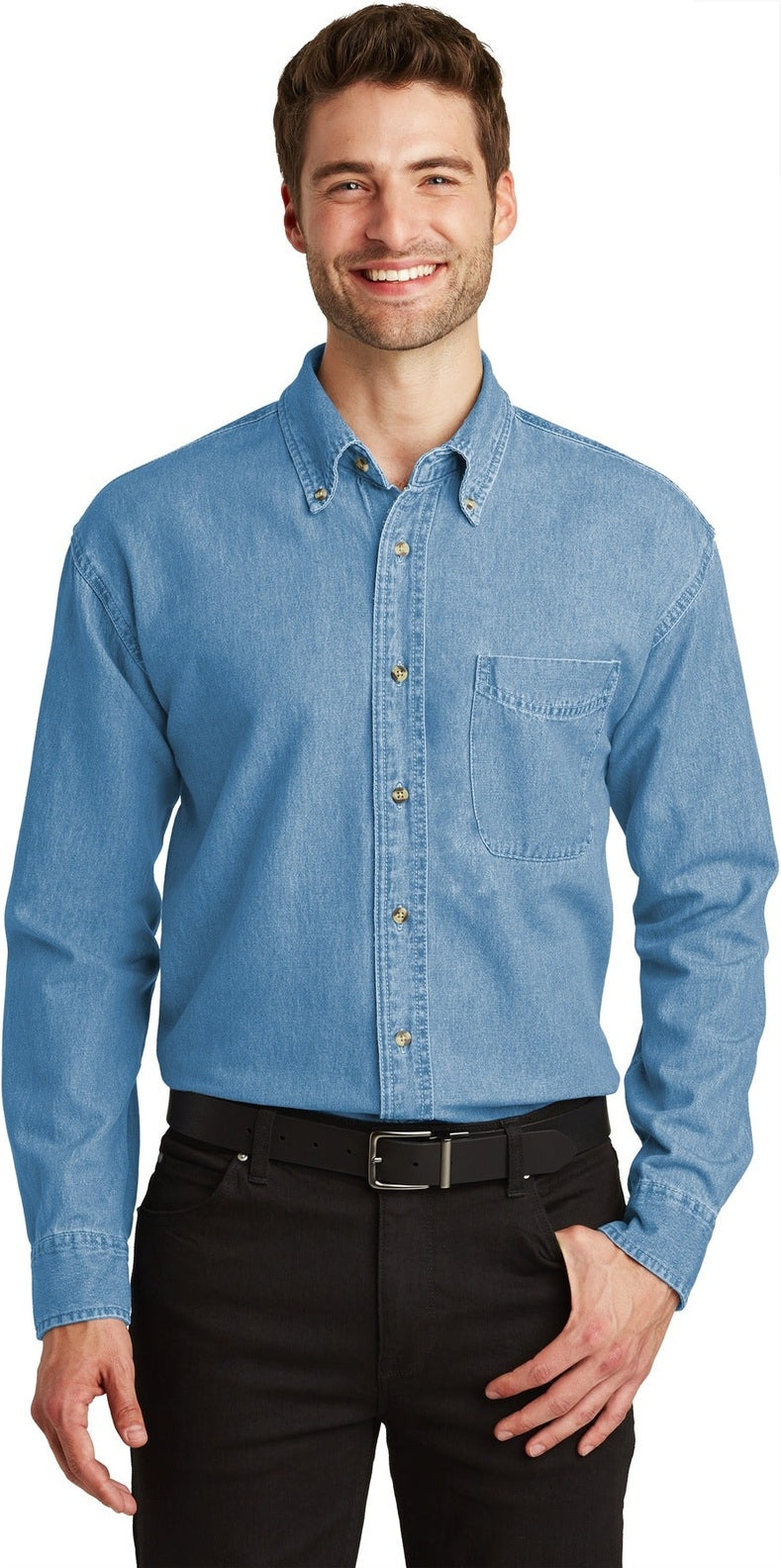 Front View of Faded Denim Port Authority Long Sleeve Denim Shirt. S600