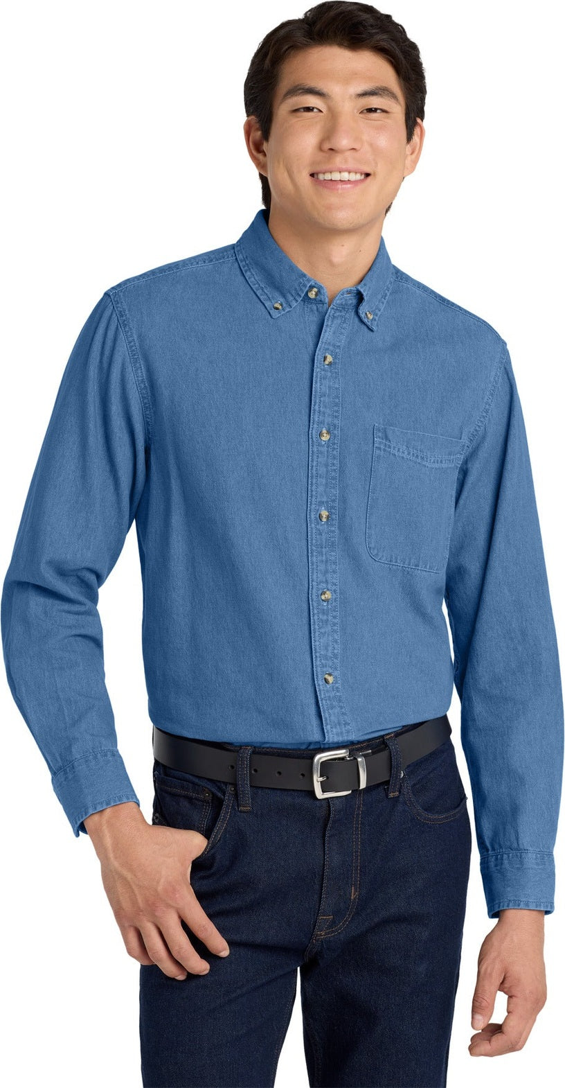 Front View of Faded Denim Port Authority Tall Long Sleeve Denim Shirt. TLS600