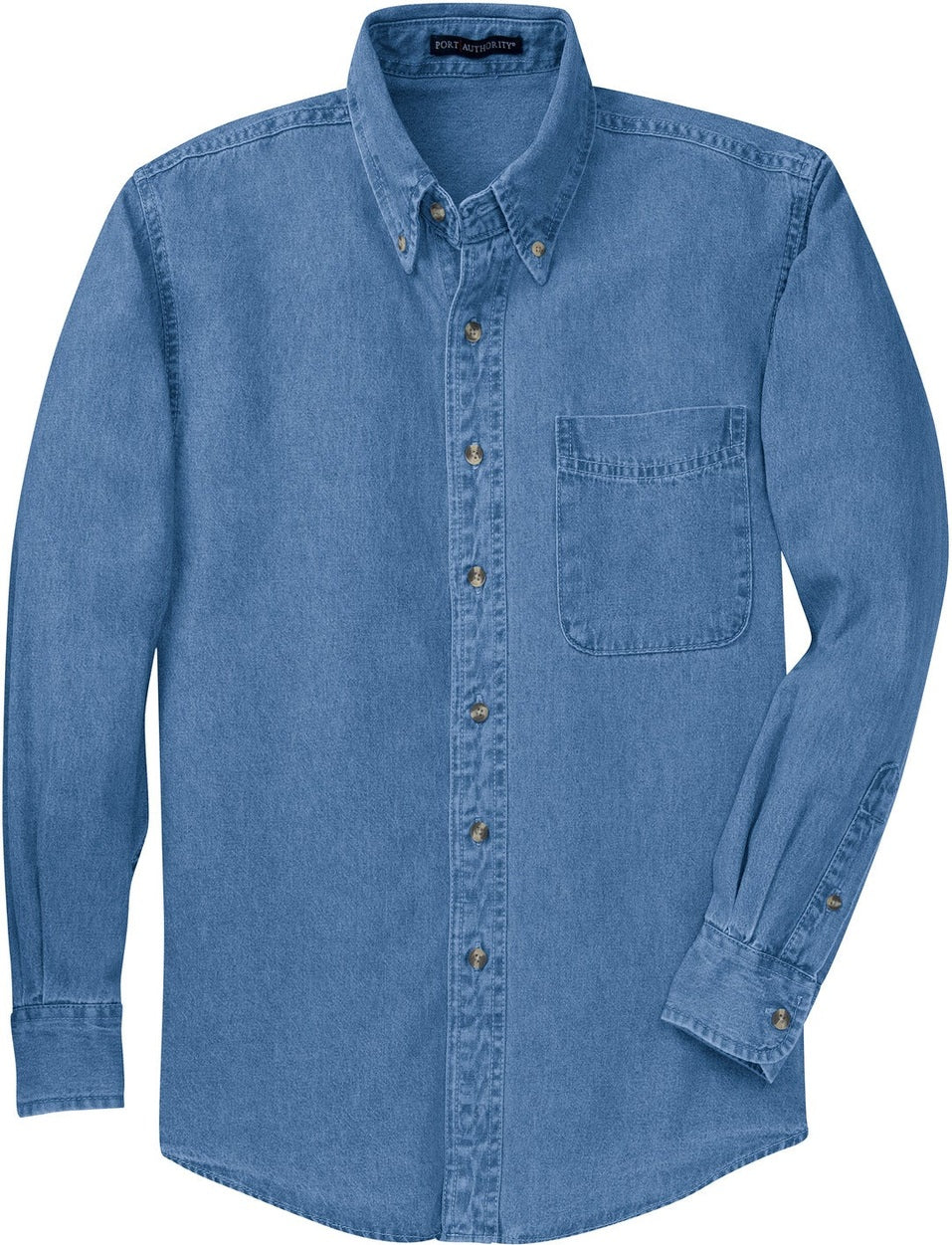 Front View of Faded Denim Port Authority Tall Long Sleeve Denim Shirt. TLS600