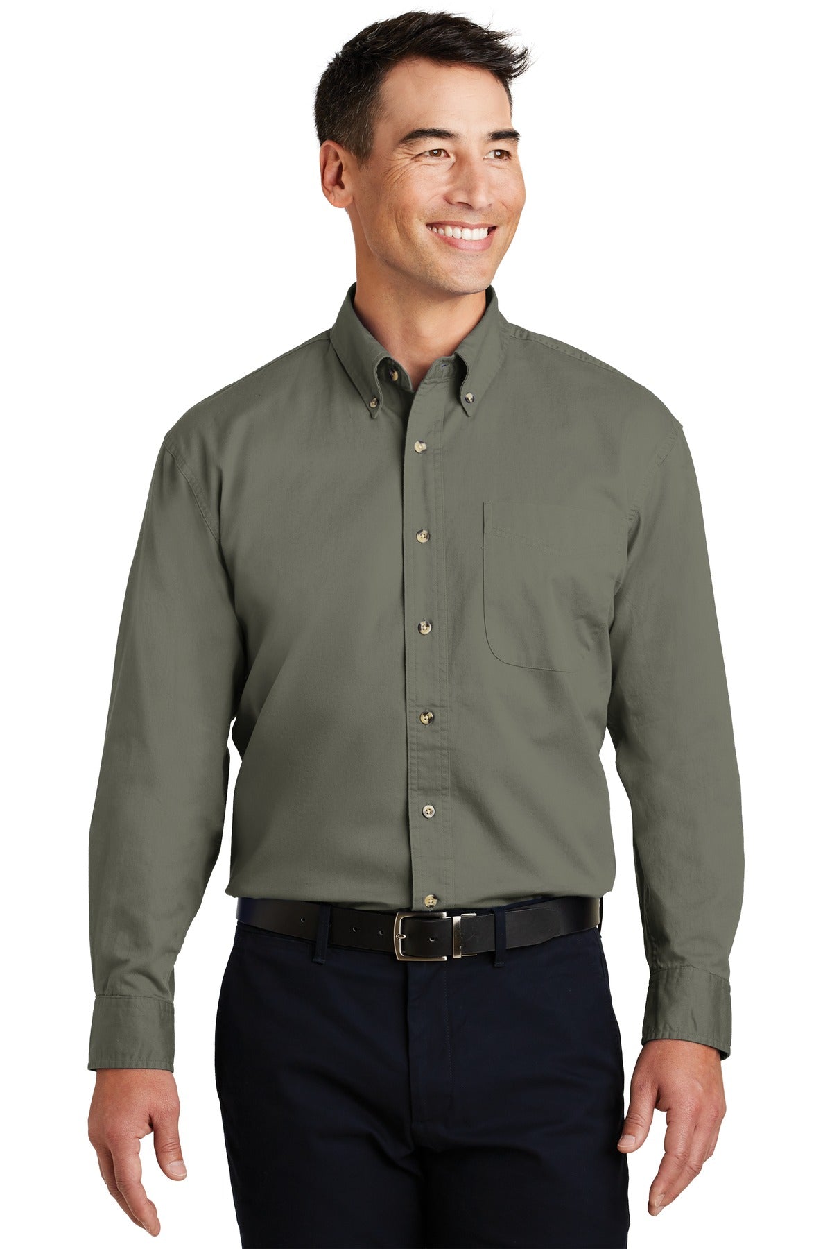 Front View of Faded Olive Port Authority Long Sleeve Twill Shirt. S600T