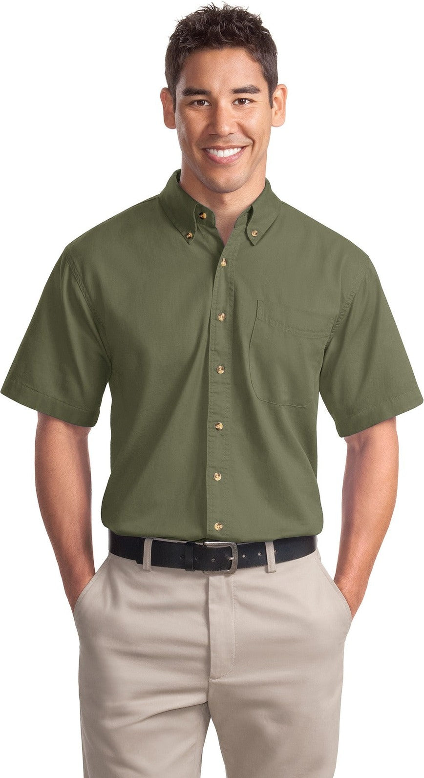 Front View of Faded Olive Port Authority Short Sleeve Twill Shirt. S500T