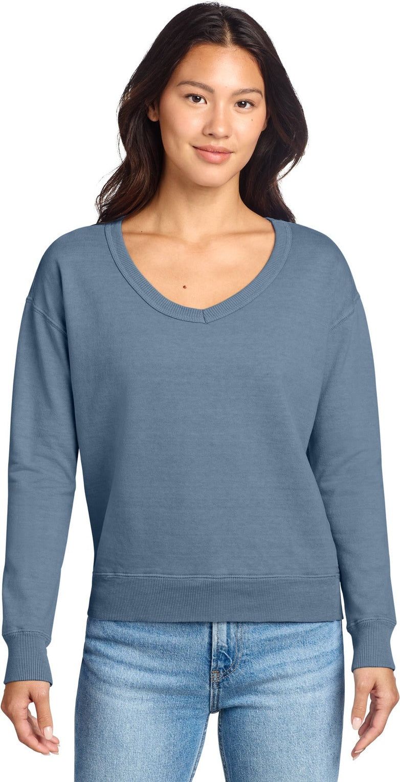 Front View of FadedDenim Port & Co Women's Beach Wash Garment-Dyed V-Neck Sweatshirt LPC098V