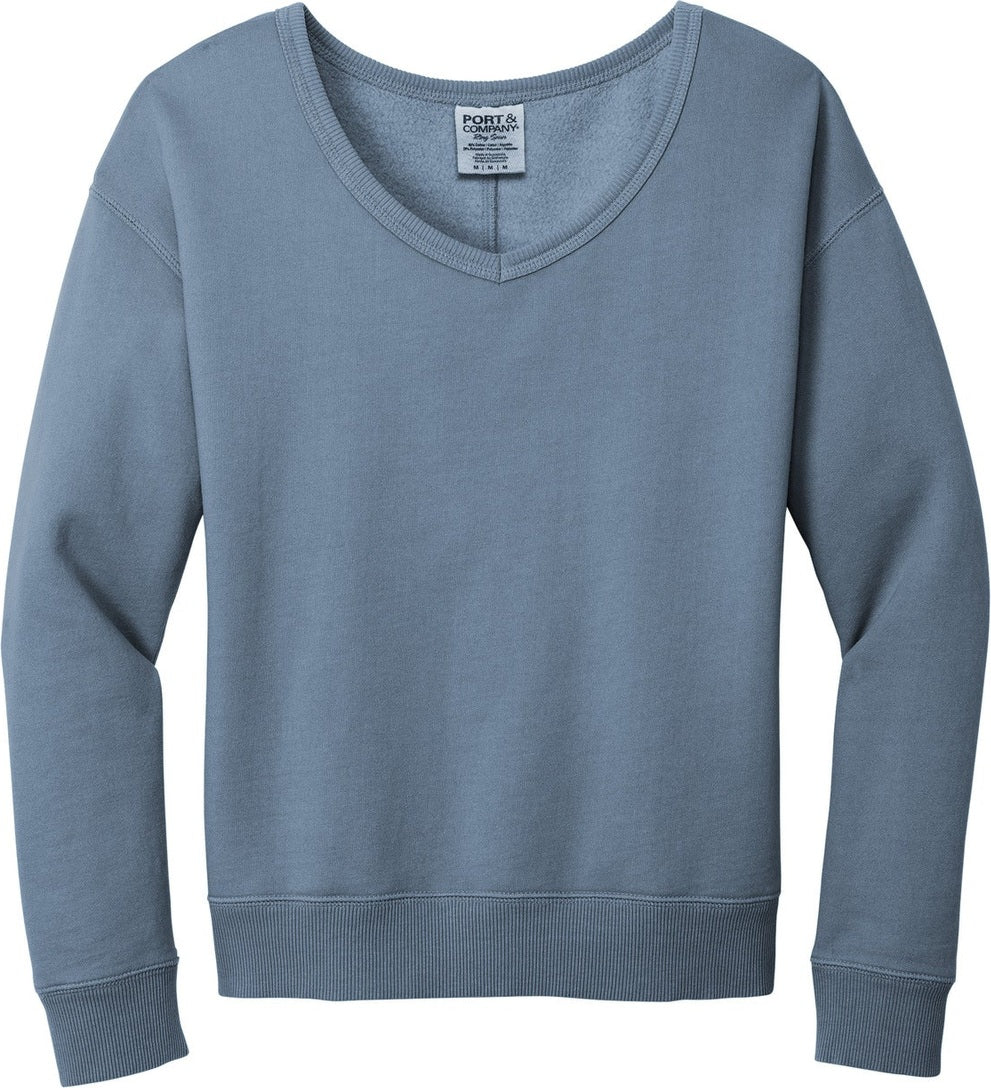 Front View of FadedDenim Port & Co Women's Beach Wash Garment-Dyed V-Neck Sweatshirt LPC098V