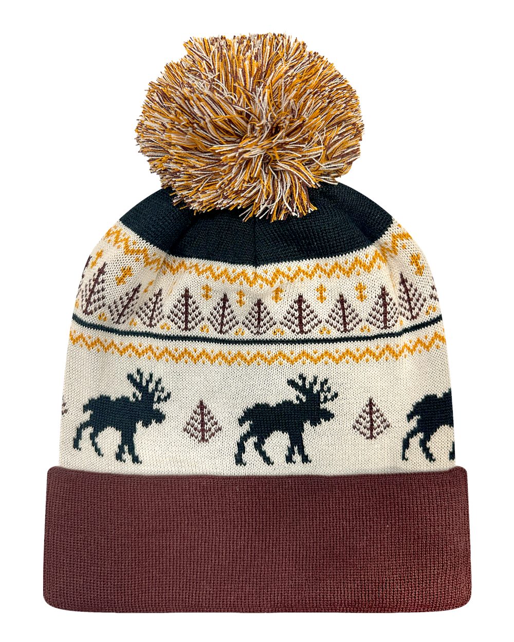 Front View of Fairisle Moose/ Brown Grand Recycled Beanie - GRNDSR