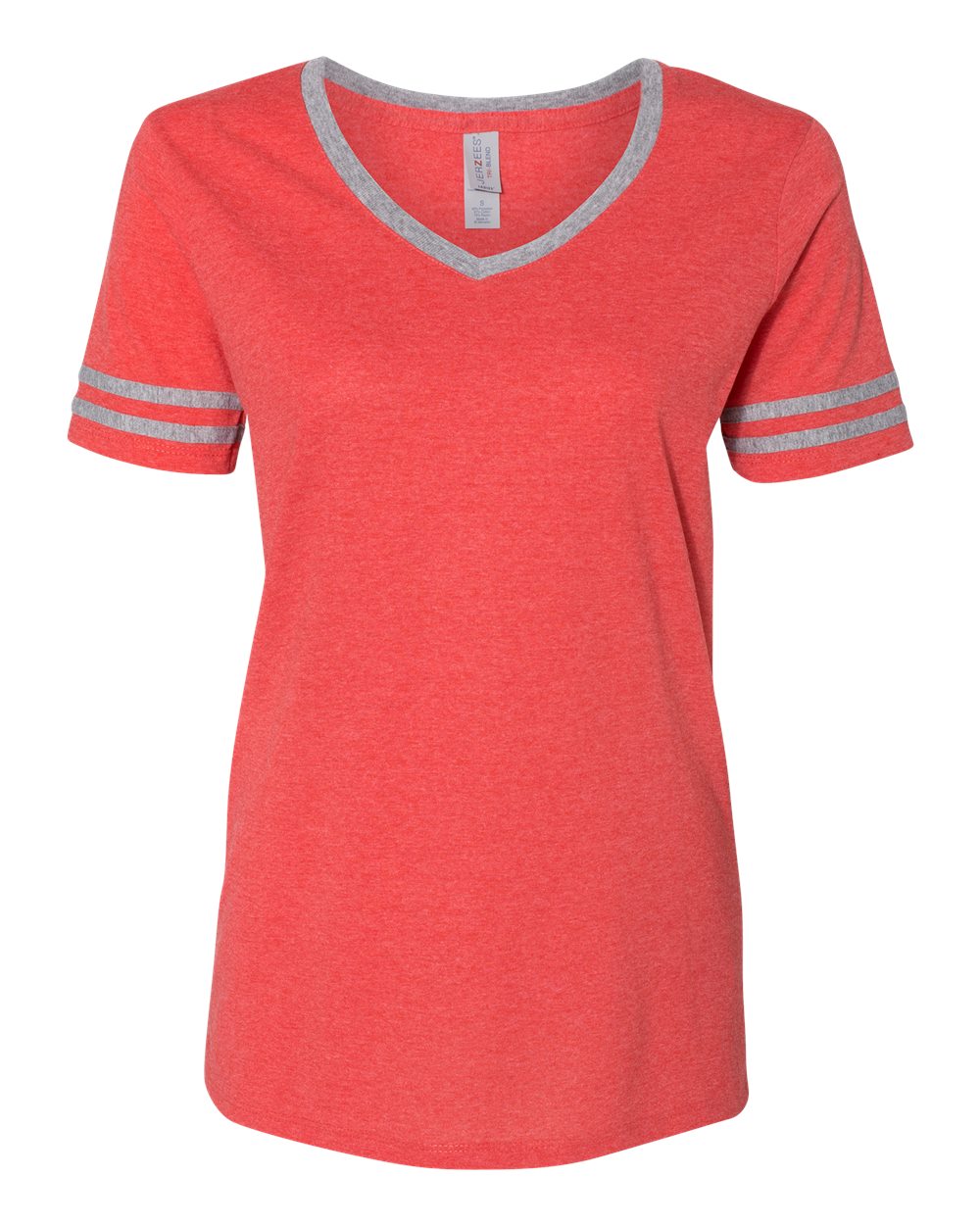 Front View of Fiery Red Heather/ Oxford Women's Varsity Triblend V-Neck T-Shirt - 602WVR