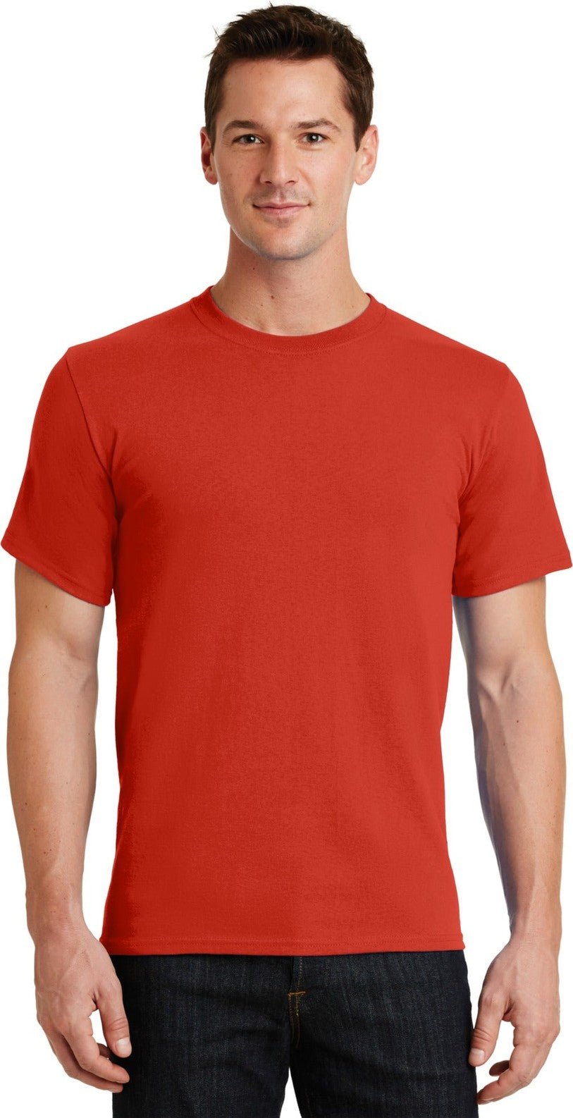 Front View of Fiery Red Port & Co Essential Tee. PC61