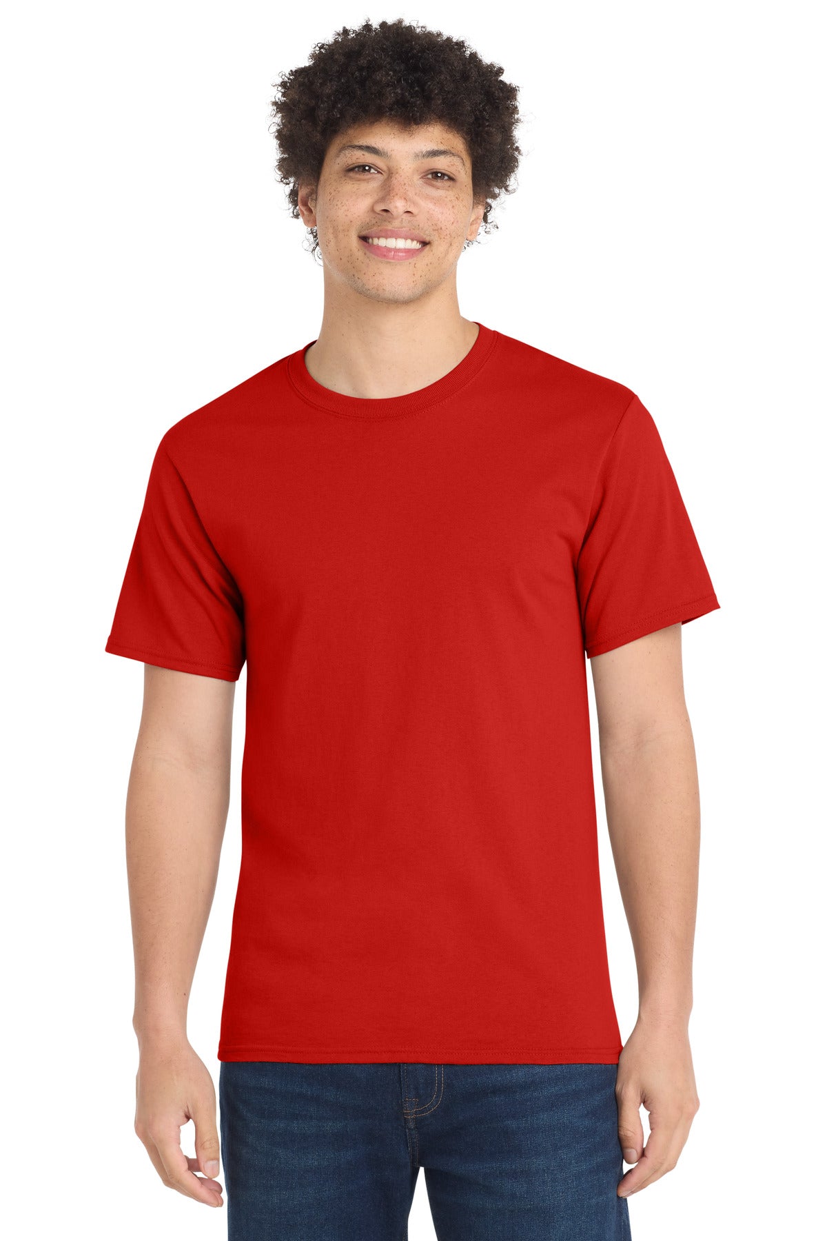 Front View of Fiery Red Port & Co Tall Essential Tee. PC61T