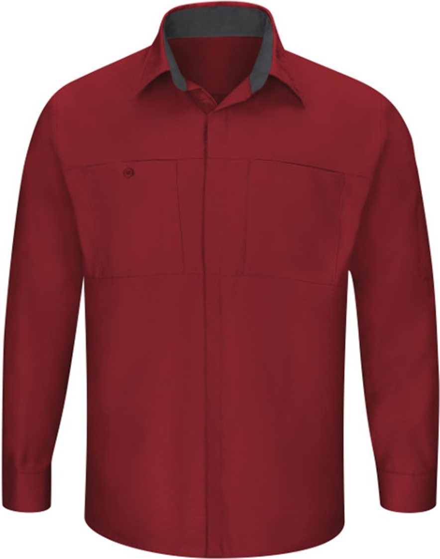 Front View of Fireball Red/ Charcoal Performance Plus Long Sleeve Shirt with OilBlok Technology - SY32
