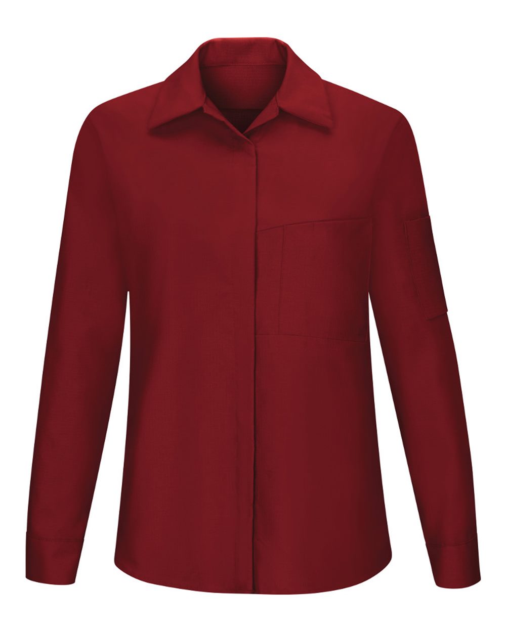 Front View of Fireball Red/ Charcoal Women's Performance Plus Long Sleeve Shop Shirt with Oilblok Technology - SY31