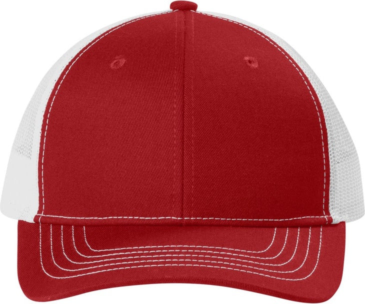 Front View of FlameRd/Wh Port Authority Youth Snapback Trucker Cap YC402