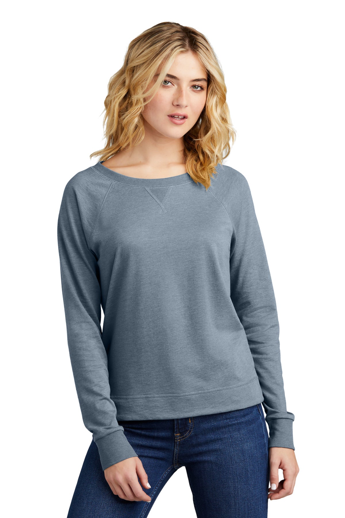 Front View of FlntBluHtr District Women's Featherweight French Terry Long Sleeve Crewneck DT672