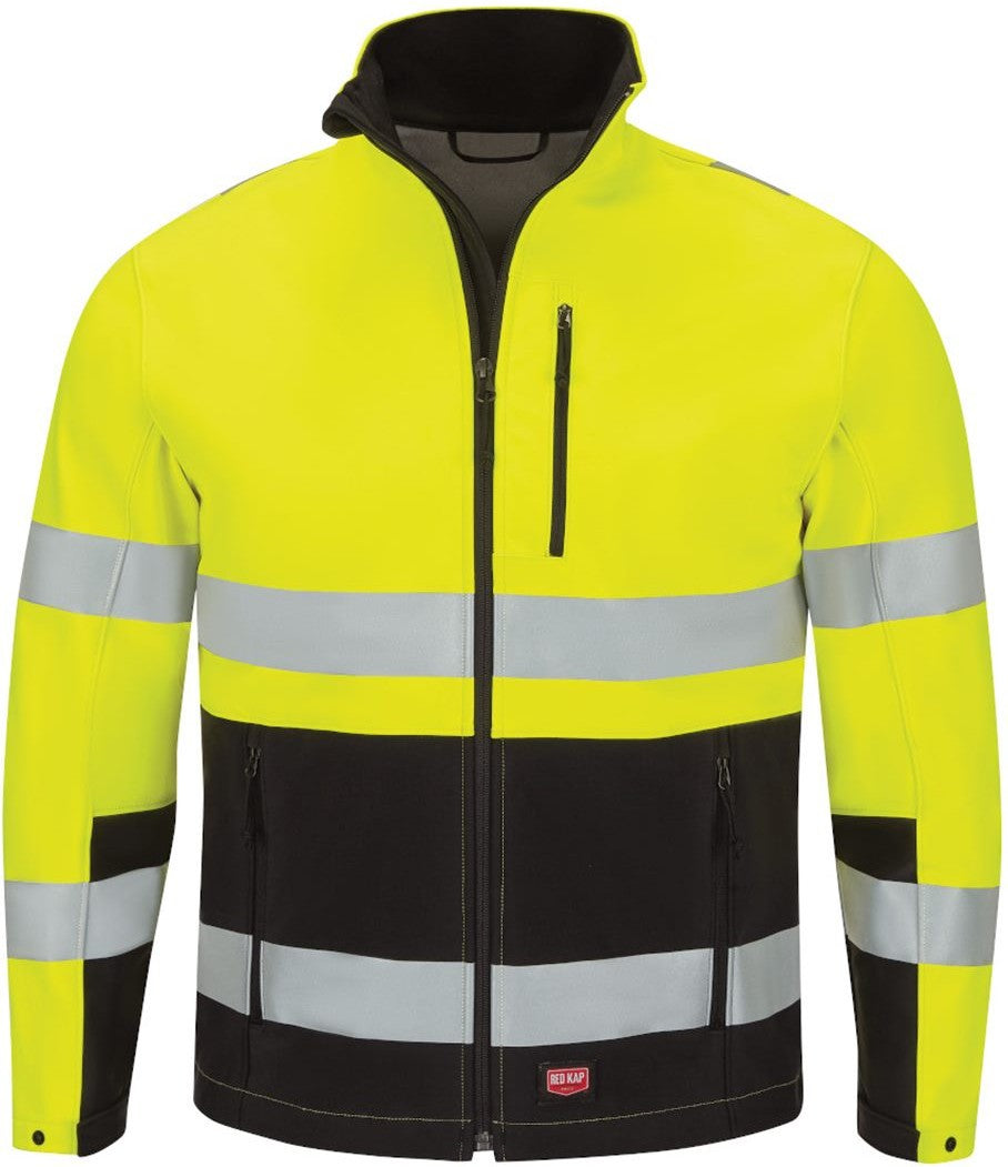Front View of Fluorescent Yellow/ Black Hi-Visibility Soft Shell Jacket - JY34