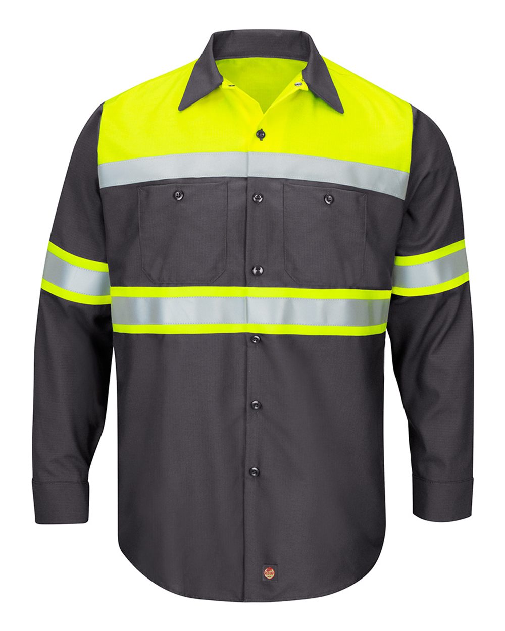 Front View of Fluorescent Yellow/ Charcoal Hi-Visibility Colorblock Ripstop Long Sleeve Work Shirt - Tall Sizes - SY70T
