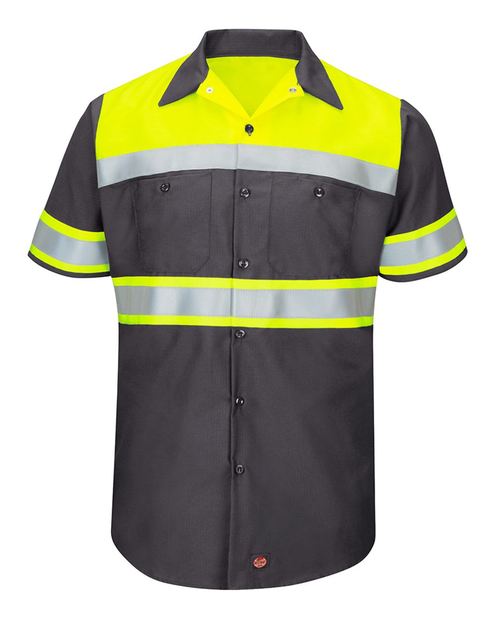 Front View of Fluorescent Yellow/ Charcoal Hi-Visibility Colorblock Ripstop Short Sleeve Work Shirt - SY80