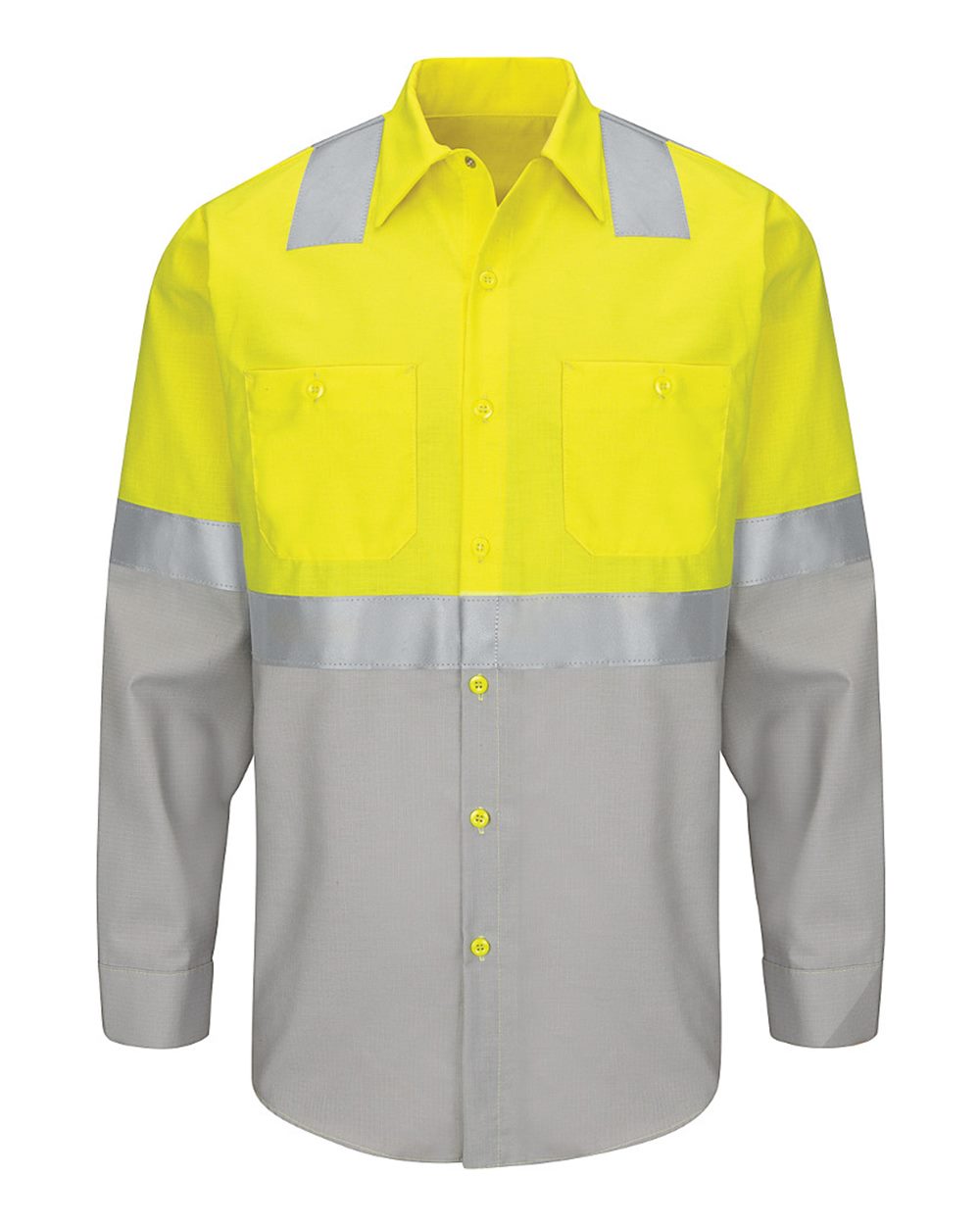 Front View of Fluorescent Yellow/ Green/ Grey Enhanced & Hi-Visibility Long Sleeve Work Shirt - SY14