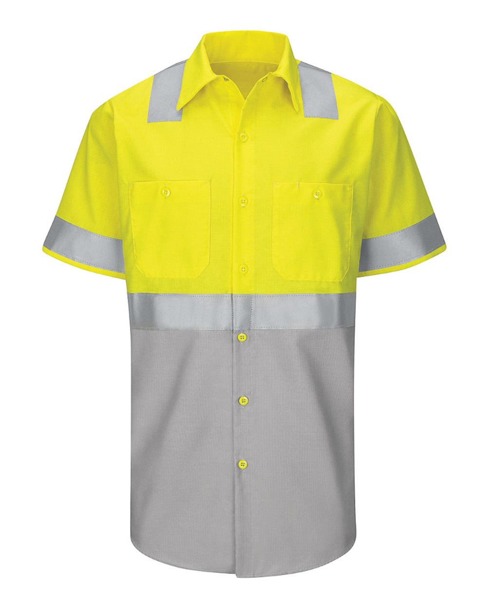 Front View of Fluorescent Yellow/ Green/ Grey Enhanced & Hi-Visibility Work Shirt - Tall Sizes - SY24T