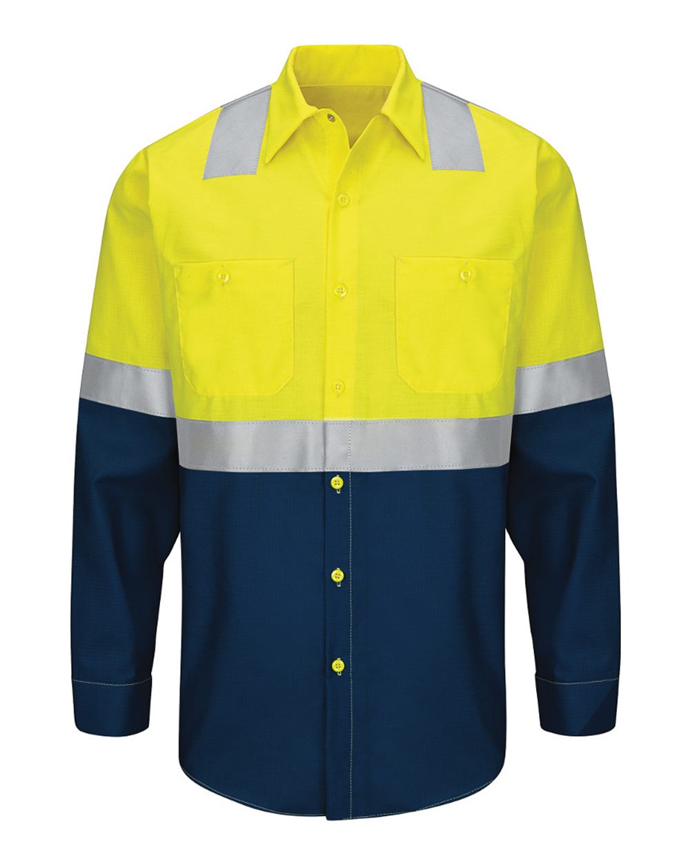 Front View of Fluorescent Yellow/ Green/ Navy Enhanced & Hi-Visibility Long Sleeve Work Shirt - SY14