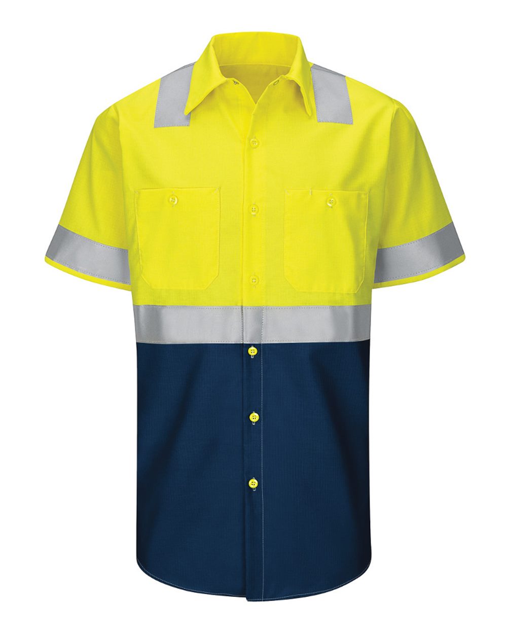 Front View of Fluorescent Yellow/ Green/ Navy Enhanced & Hi-Visibility Work Shirt - SY24