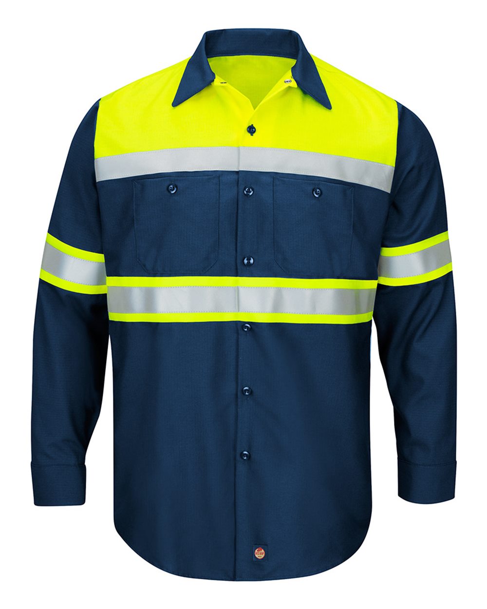 Front View of Fluorescent Yellow/ Navy Hi-Visibility Colorblock Ripstop Long Sleeve Work Shirt - SY70