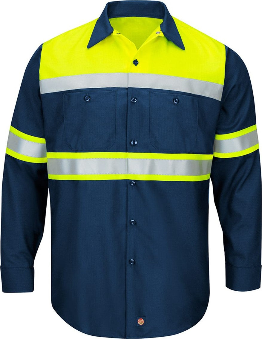Front View of Fluorescent Yellow/ Navy Hi-Visibility Colorblock Ripstop Long Sleeve Work Shirt - Tall Sizes - SY70T