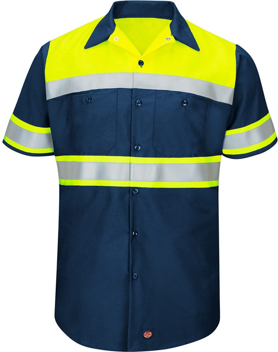Front View of Fluorescent Yellow/ Navy Hi-Visibility Colorblock Ripstop Short Sleeve Work Shirt - SY80