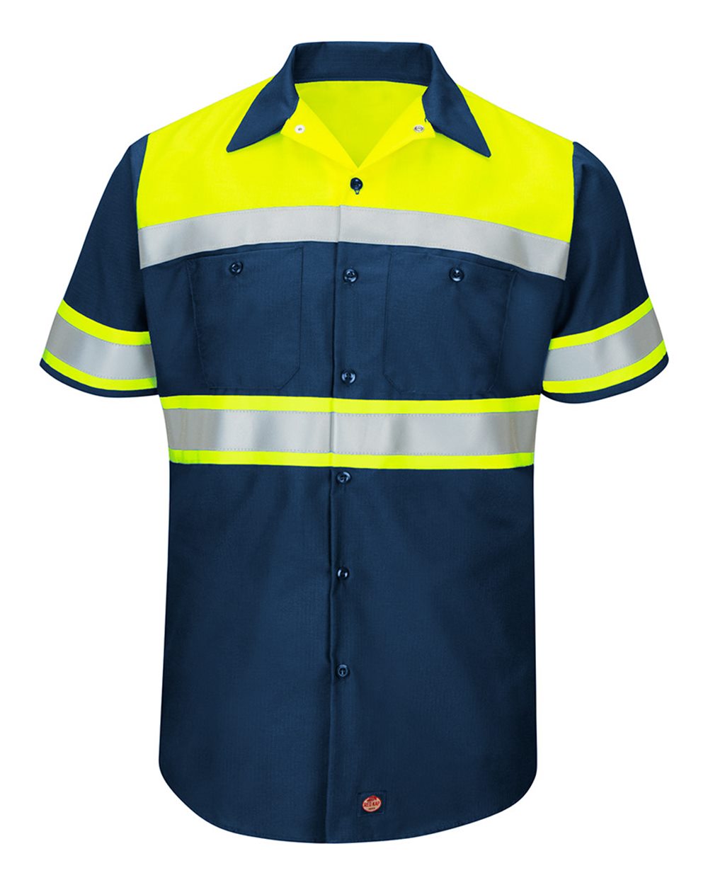 Front View of Fluorescent Yellow/ Navy Hi-Visibility Colorblock Ripstop Short Sleeve Work Shirt - Tall Sizes - SY80T