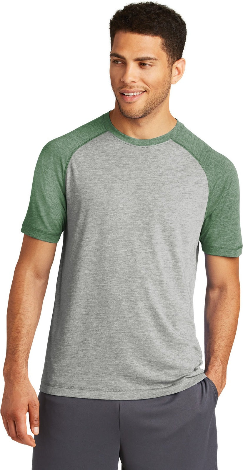 Front View of For Grn He/LGH Sport-Tek PosiCharge Tri-Blend Wicking Raglan Tee. ST400