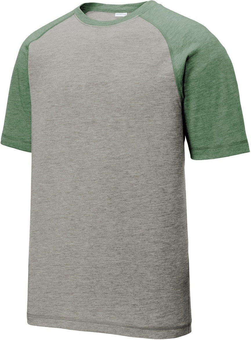 Front View of For Grn He/LGH Sport-Tek PosiCharge Tri-Blend Wicking Raglan Tee. ST400