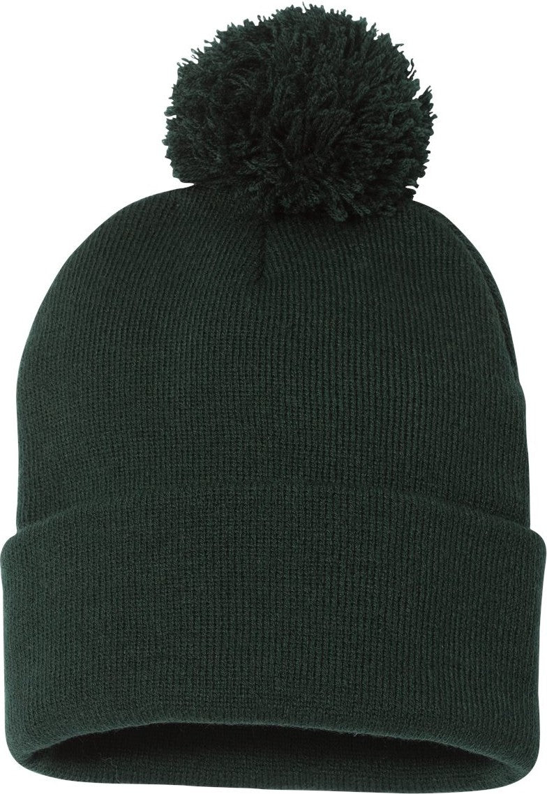 Front View of Forest 12" Pom-Pom Cuffed Beanie - SP15
