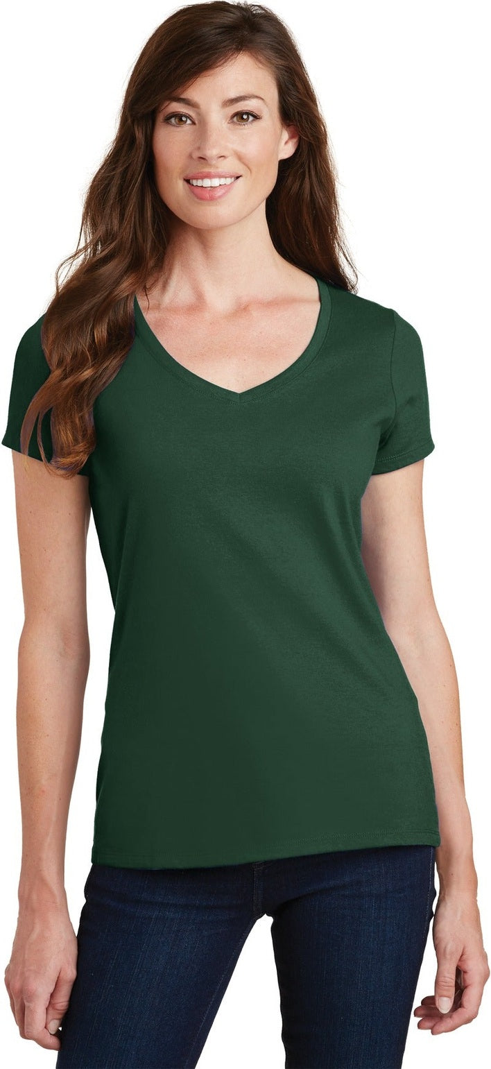 Front View of Forest Green Port & Co Women's Fan Favorite V-Neck Tee. LPC450V