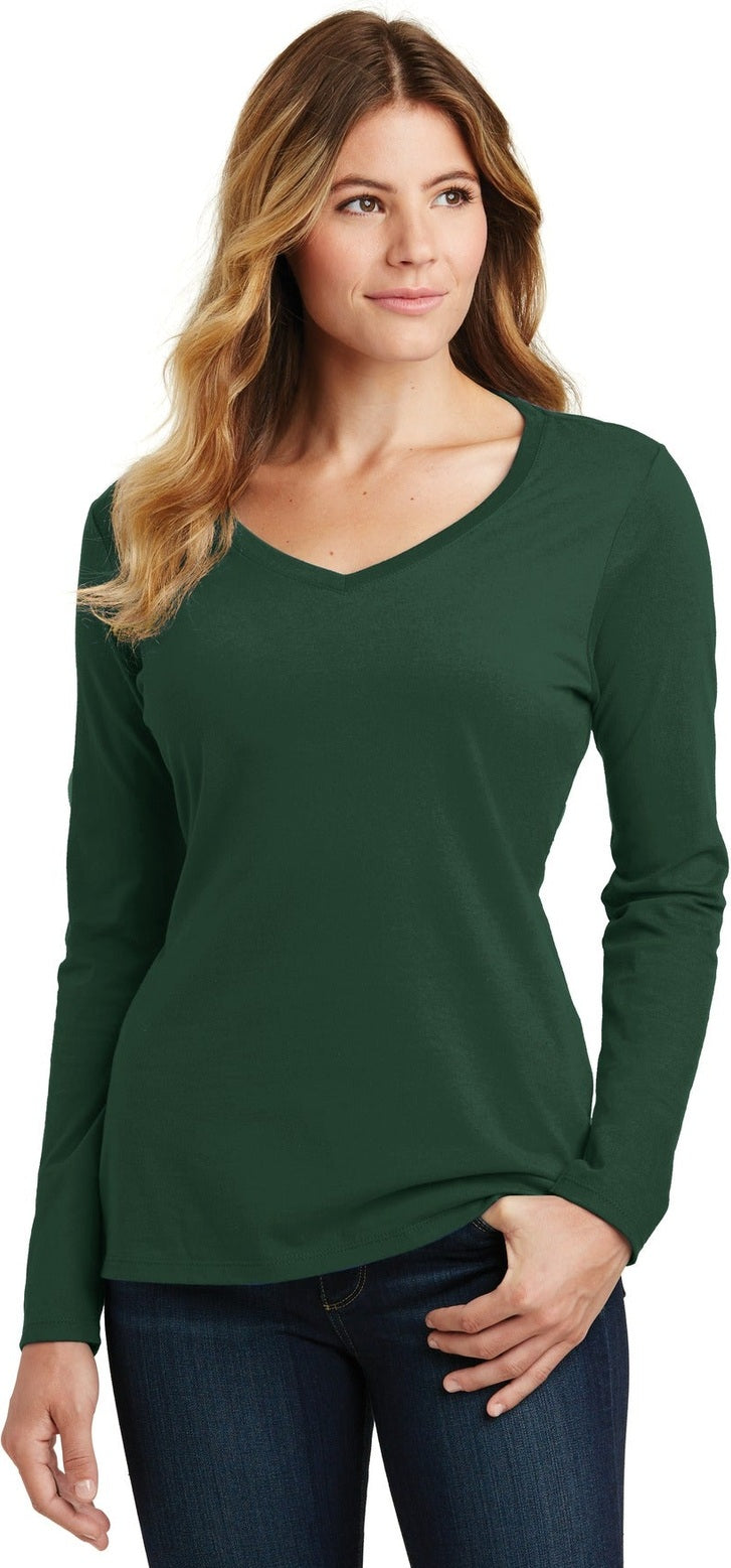 Front View of Forest Green Port & Co Women's Long Sleeve Fan Favorite V-Neck Tee. LPC450VLS