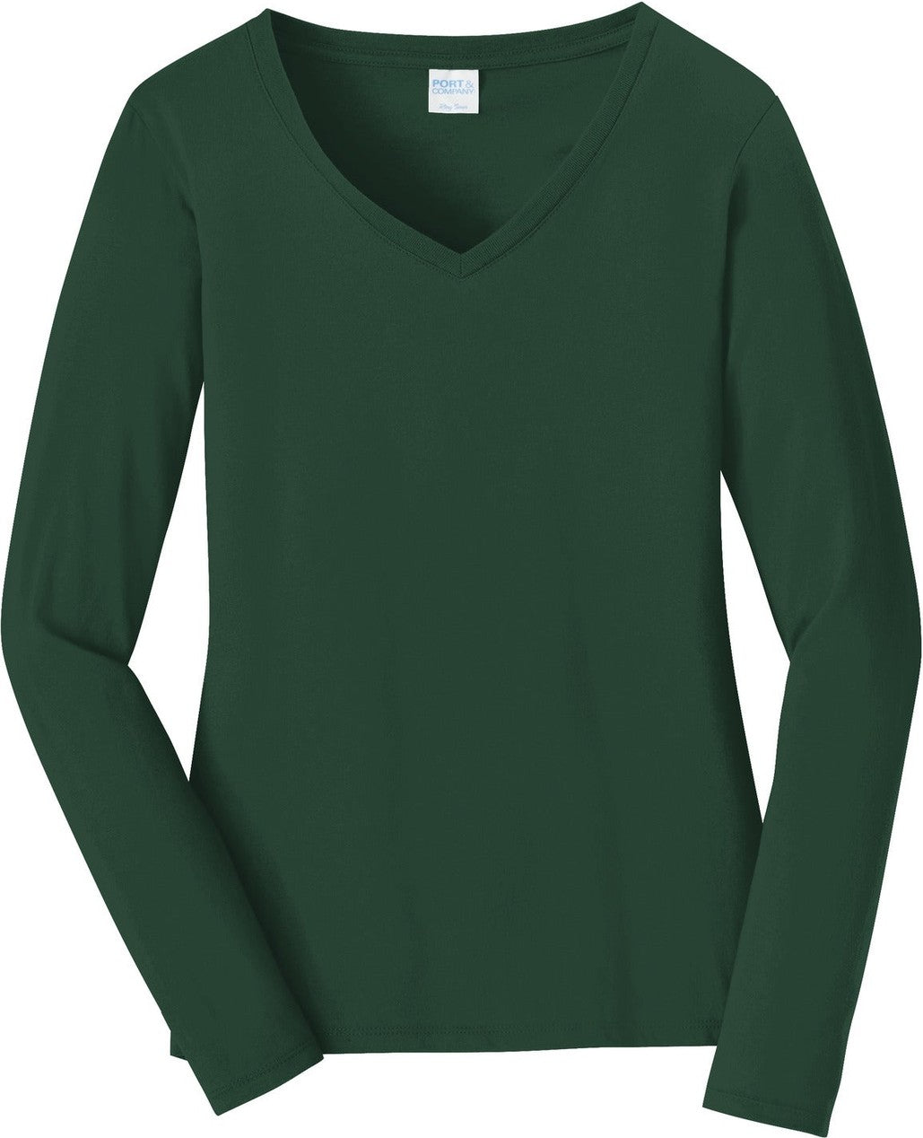 Front View of Forest Green Port & Co Women's Long Sleeve Fan Favorite V-Neck Tee. LPC450VLS