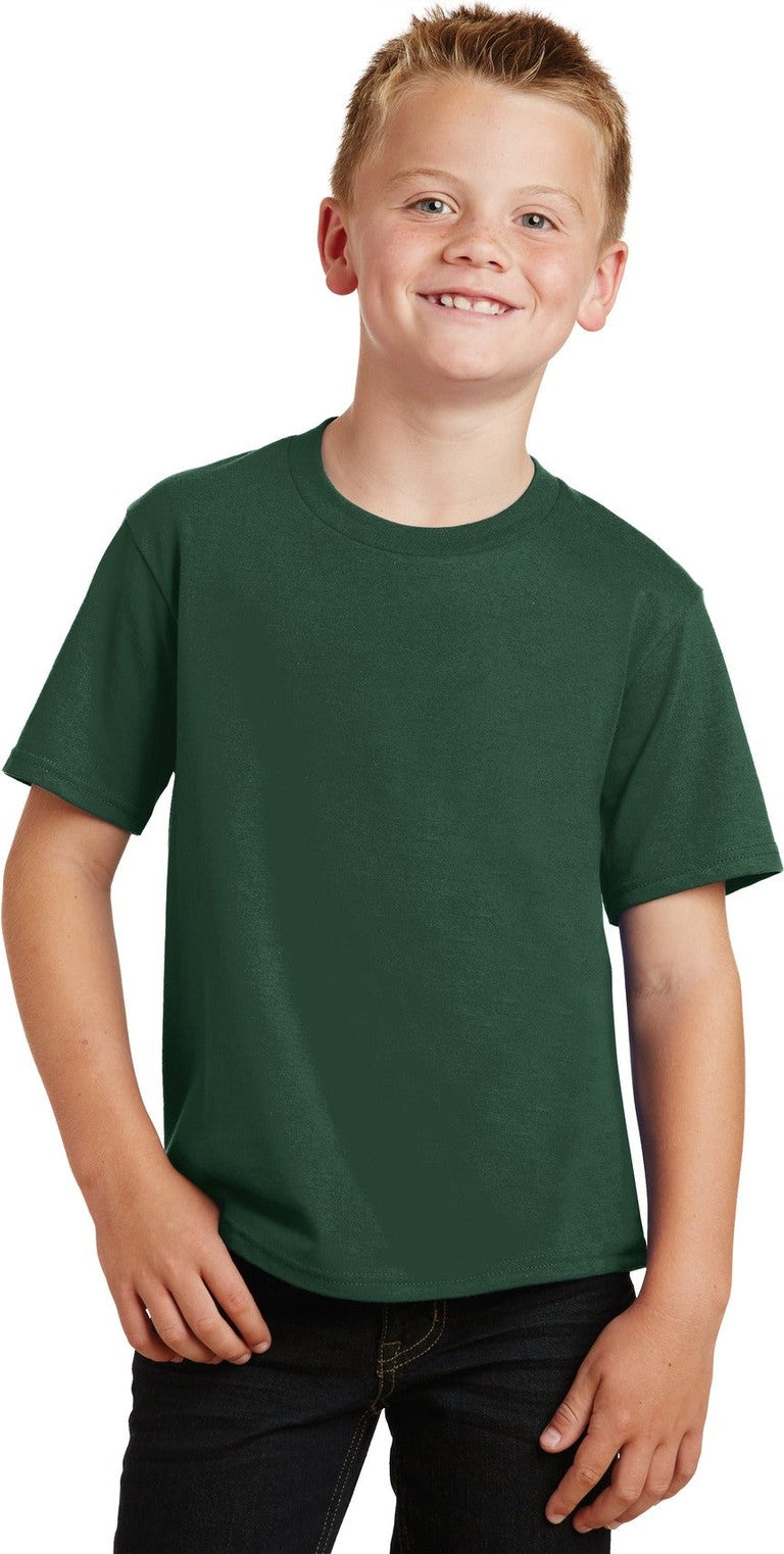 Front View of Forest Green Port & Co Youth Fan Favorite Tee. PC450Y