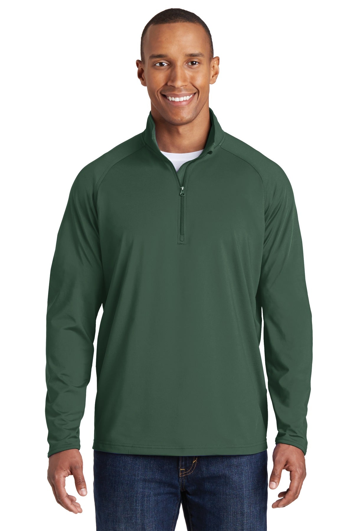 Front View of Forest Green Sport-Tek Sport-Wick Stretch 1/4-Zip Pullover. ST850