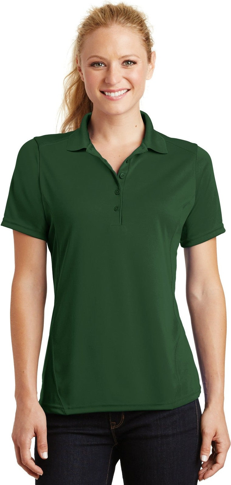 Front View of Forest Green Sport-Tek Women's Dry Zone Raglan Accent Polo. L475