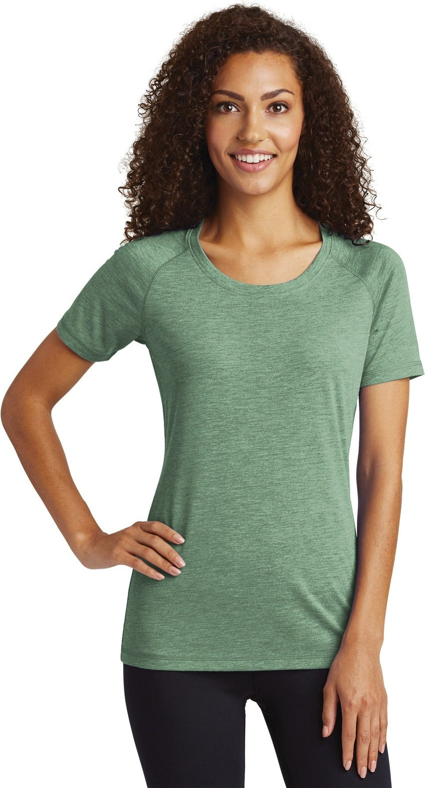 Front View of Forest Grn Hth Sport-Tek Women's PosiCharge Tri-Blend Wicking Scoop Neck Raglan Tee. LST400