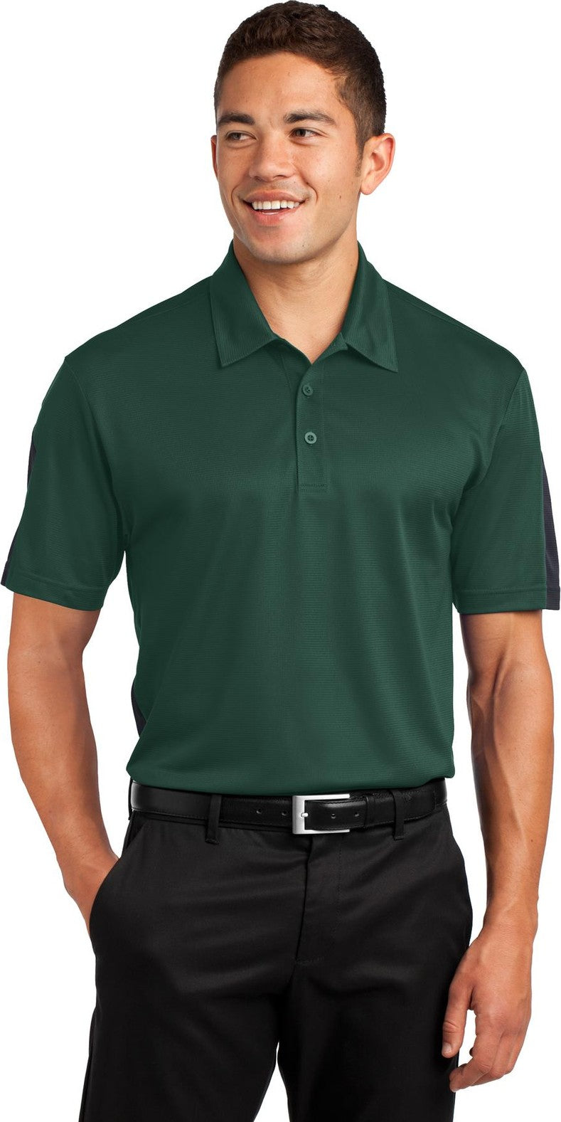 Front View of Forest Grn/Gry Sport-Tek PosiCharge Active Textured Colorblock Polo. ST695
