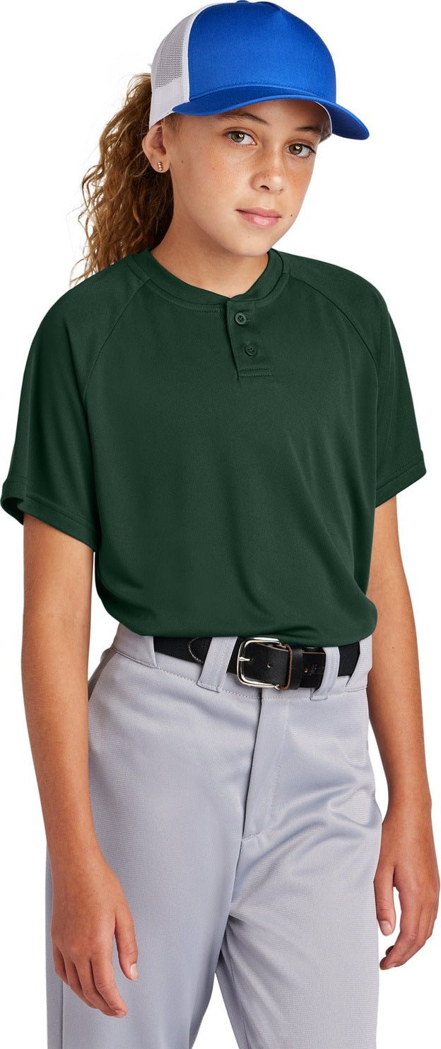 Front View of ForestGrn Sport-Tek Youth PosiCharge Competitor 2-Button Henley YST359