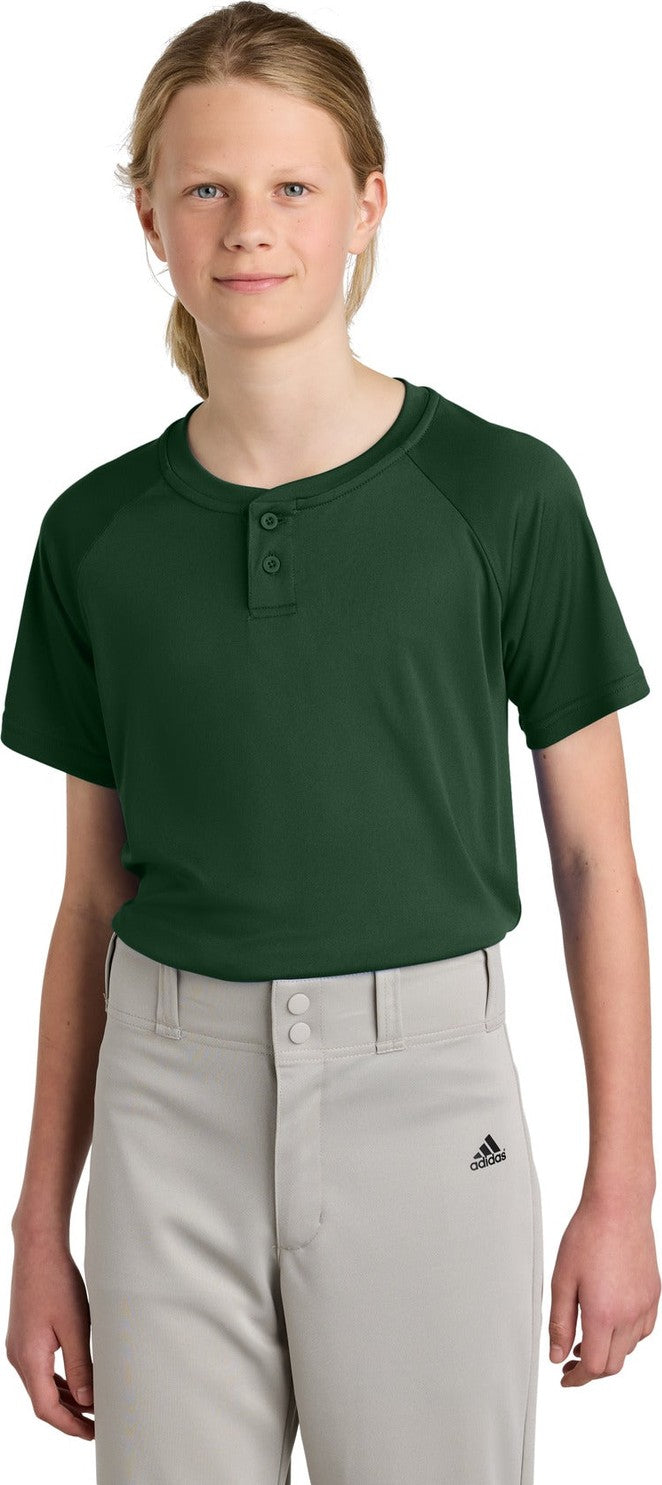 Front View of ForestGrn Sport-Tek Youth PosiCharge Competitor 2-Button Henley YST359
