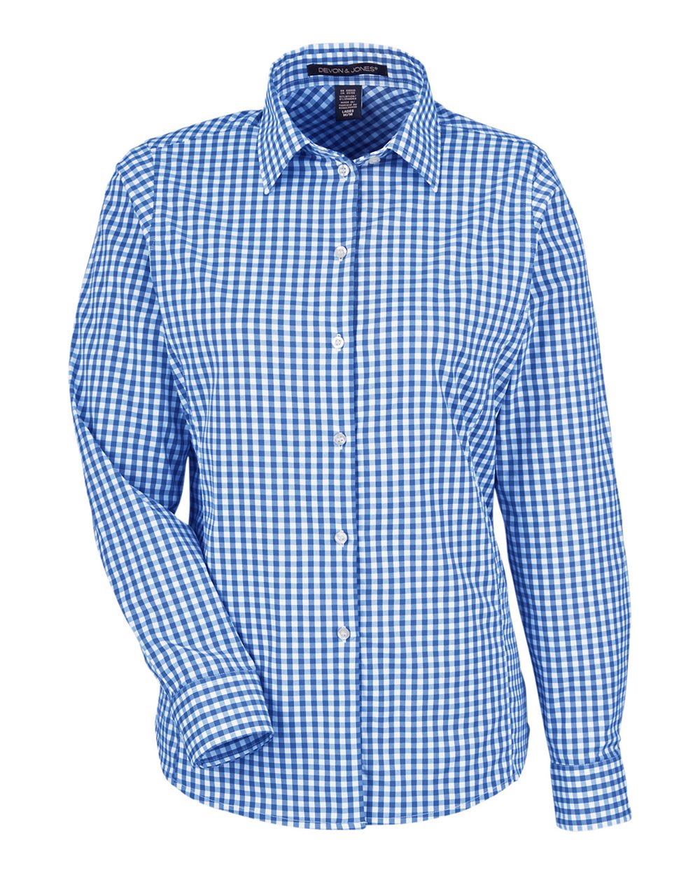 Front View of French Blue/ White Women's CrownLux Performance® Gingham Dress Shirt - DG536W