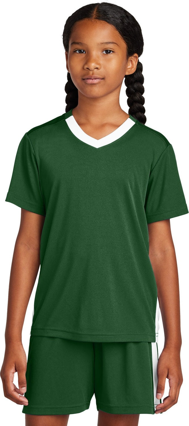 Front View of FrGn/White Sport-Tek Youth Competitor United V-Neck YST101