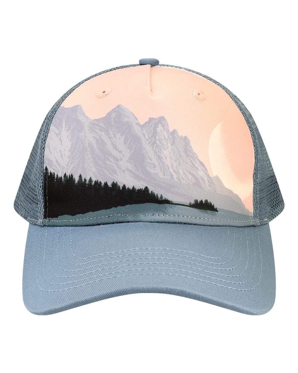 Front View of Front Range/ Slate Blue Sarah D Trucker Cap - 5PTKR