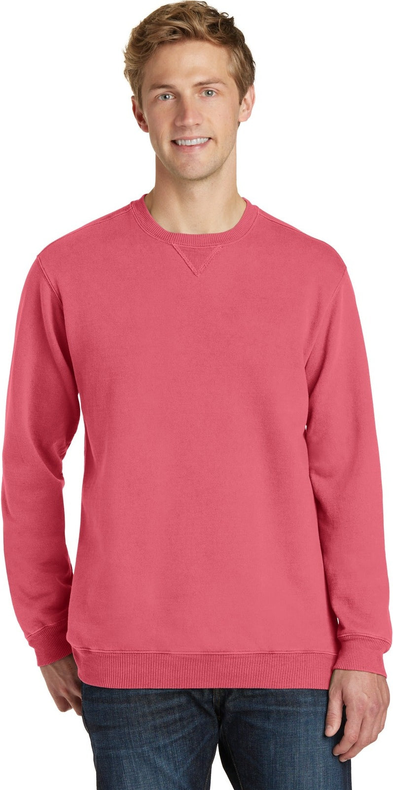 Front View of Fruit Punch Port & Co Beach Wash Garment-Dyed Crewneck Sweatshirt PC098